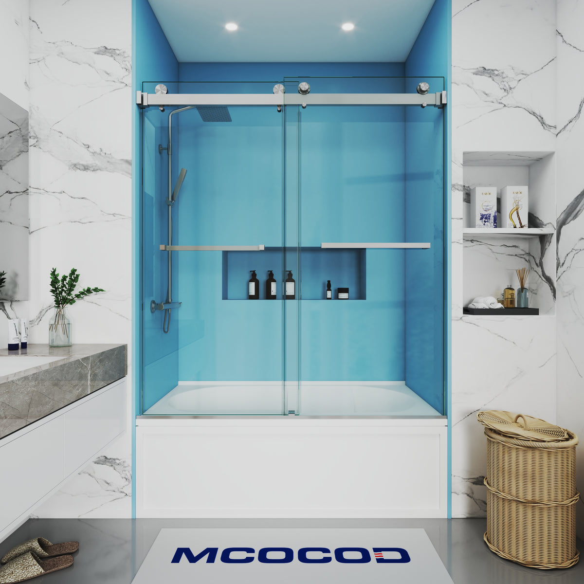 MCOCOD DS01 Bathtub Shower Doors - Double Sliding Bathtub Shower Door with Two Towel Bars in Brushed Nickel
