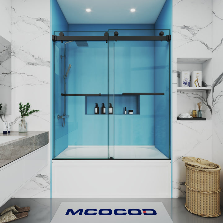 MCOCOD DS01 Bathtub Shower Doors - Double Sliding Bathtub Shower Door with Two Towel Bars in Matte Black