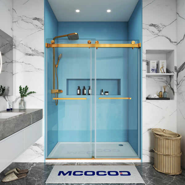 MCOCOD DS01 Double Sliding Glass Shower Door with Two Towel Bars with Brushed Gold