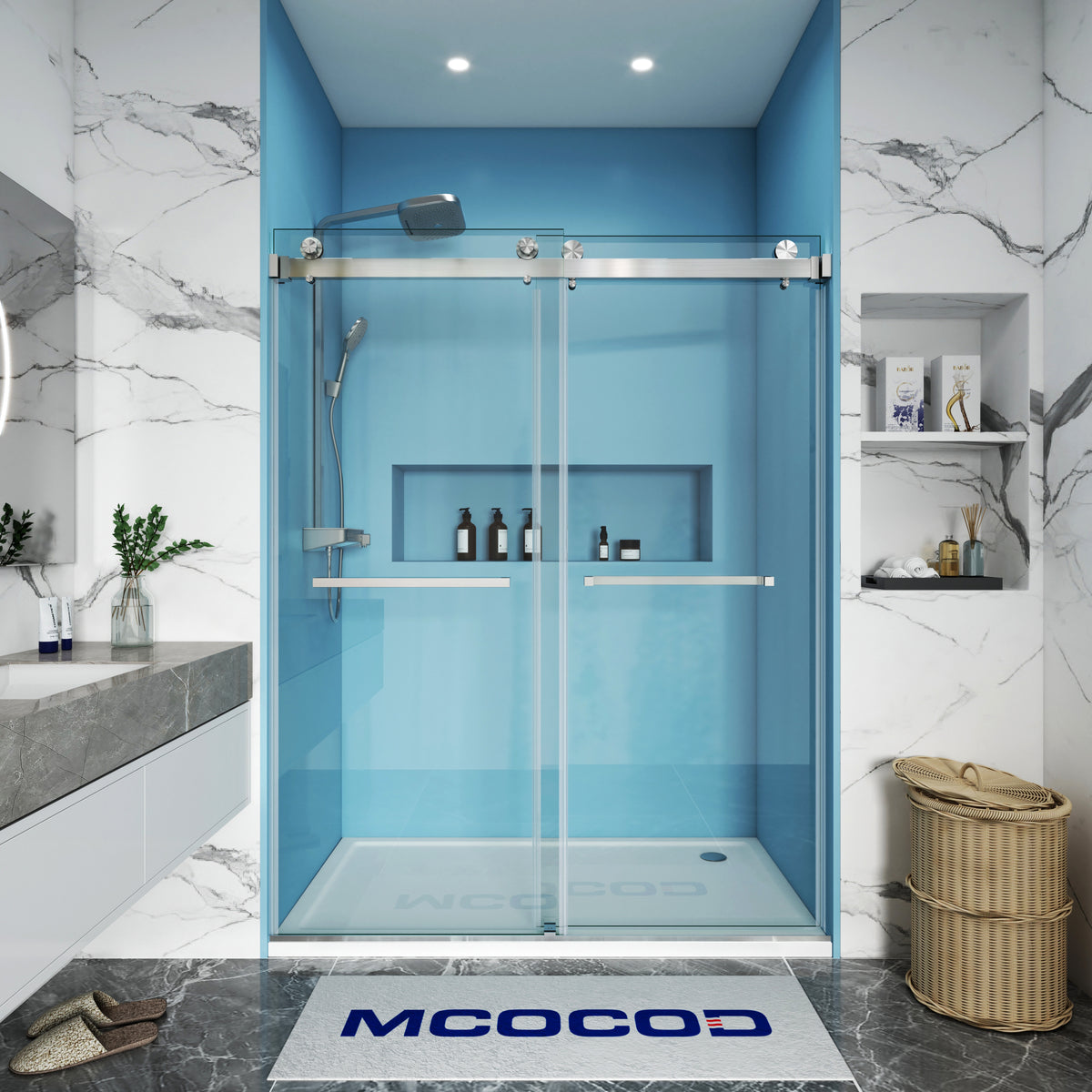 MCOCOD DS01 Double Sliding Glass Shower Door with Two Towel Bars with Brushed Nickel