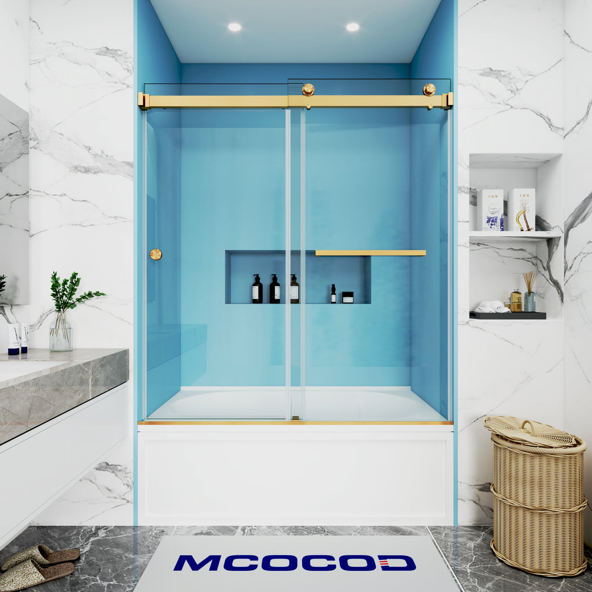 MCOCOD DS02A Bathtub Shower Doors - Double Sliding Frameless Bathtub Shower Door in Brushed Gold
