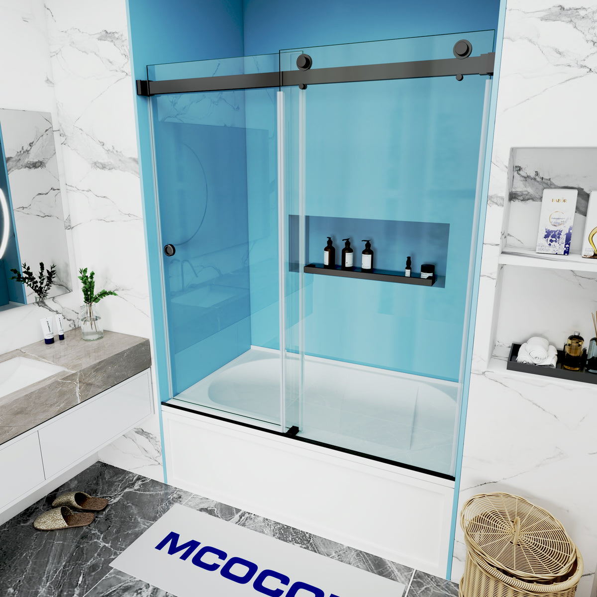 MCOCOD DS02A Bathtub Shower Doors - Double Sliding Frameless Bathtub Shower Door with 304 Stainless Steel Matte Black Towel Bars
