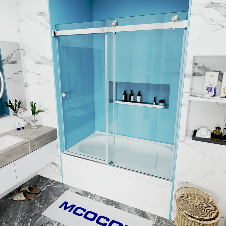 MCOCOD DS02A Bathtub Shower Doors - Double Sliding Frameless Bathtub Shower Door with 304 Stainless Steel Towel Bars in Brushed Nickel