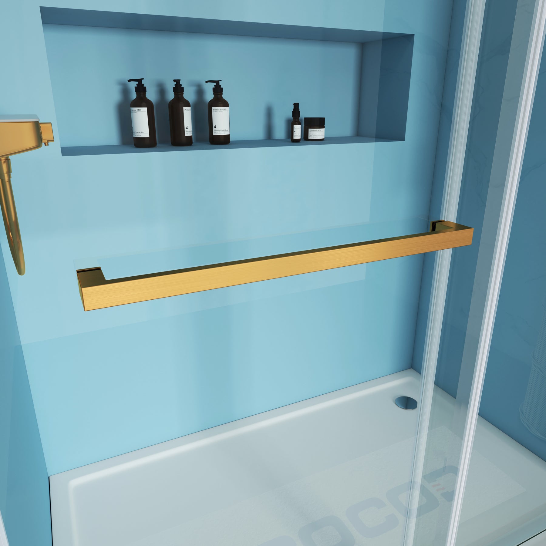 MCOCOD DS02A Double Sliding Frameless Shower Door with Brushed Gold Tower Bars
