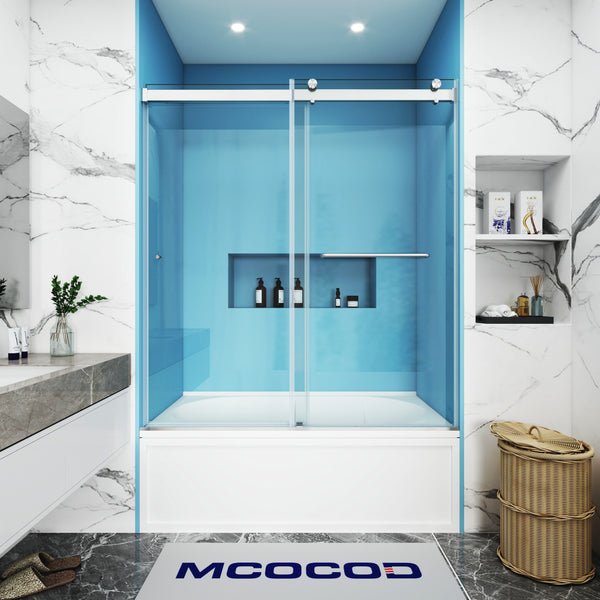 MCOCOD DS03 Bathtub Shower Doors - Double Sliding Frameless Bathtub Shower Door with Aluminum Guide Rail in Brushed Nickel