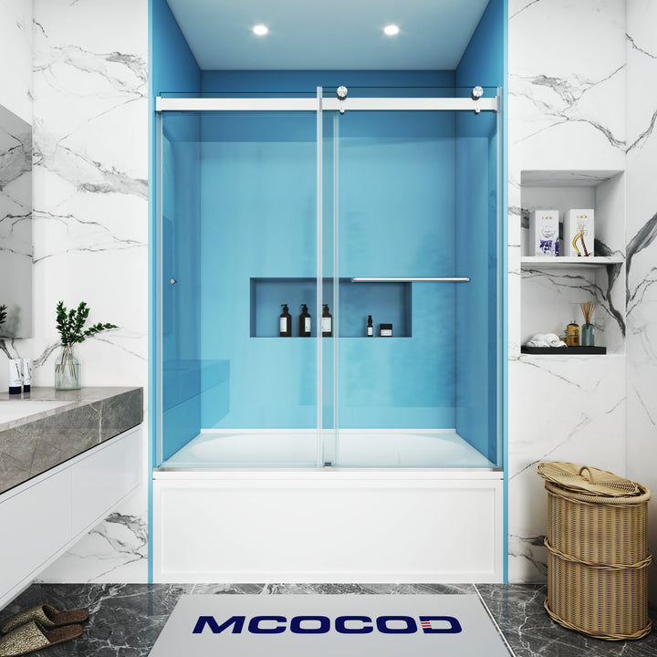 MCOCOD DS03 Bathtub Shower Doors - Double Sliding Frameless Bathtub Shower Door with Aluminum Guide Rail in Brushed Nickel