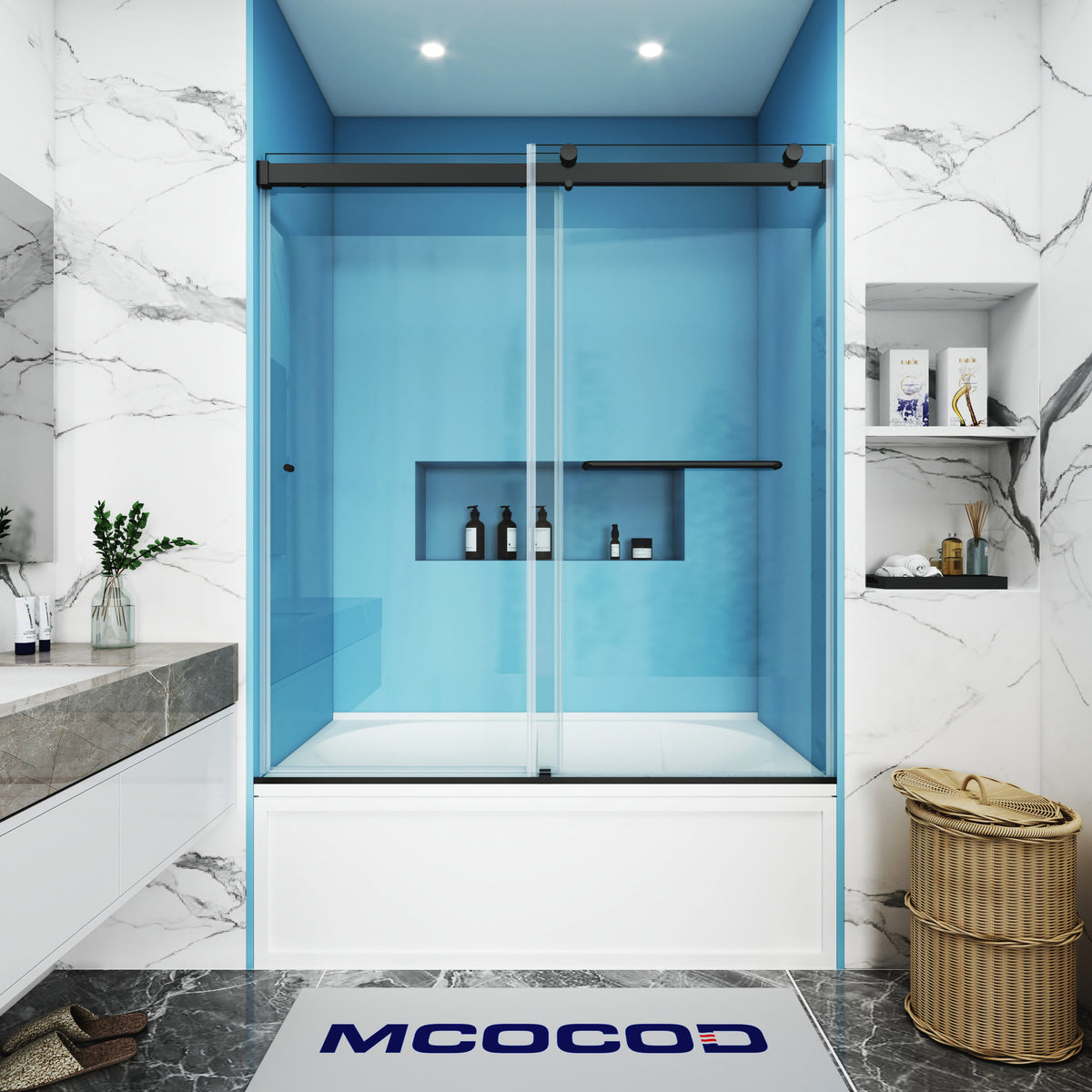 MCOCOD DS03 Bathtub Shower Doors - Double Sliding Frameless Bathtub Shower Door with Aluminum Guide Rail in Matte Black