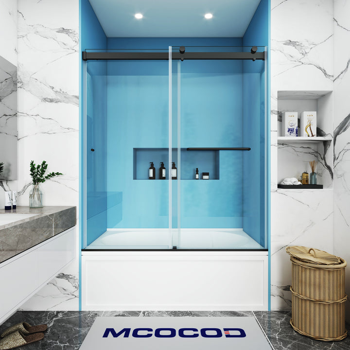 MCOCOD DS03 Bathtub Shower Doors - Double Sliding Frameless Bathtub Shower Door with Aluminum Guide Rail in Matte Black