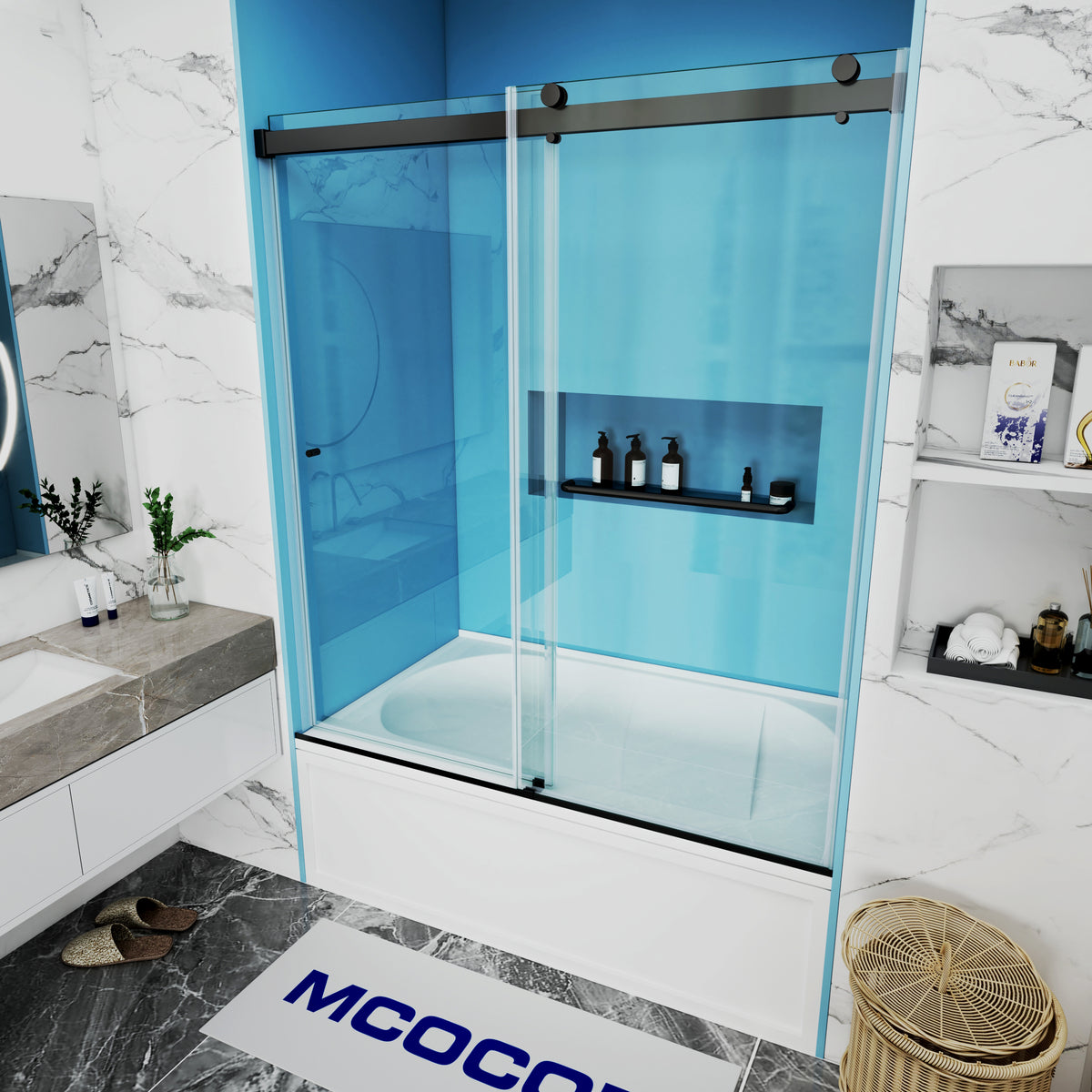 MCOCOD DS03 Bathtub Shower Doors - Double Sliding Frameless Bathtub Shower Door with Aluminum Guide Rail in Matte Black 60"W × 60"H and 60"W × 66"H