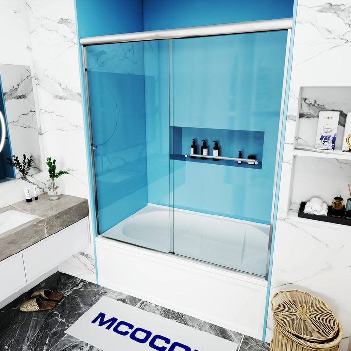 MCOCOD DS06S Bathtub Shower Doors - Double Sliding Framed Bathtub Shower Door in Brushed Nickel 60"W × 60"H and 60"W × 66"H
