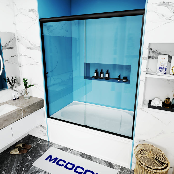MCOCOD DS06S Bathtub Shower Doors - Double Sliding Framed Bathtub Shower Door in Matte Black 60"W × 60"H and 60"W × 66"H