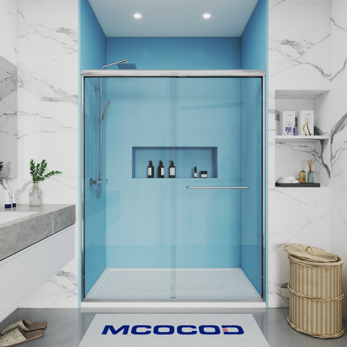 MCOCOD DS06S Double Sliding Framed Glass Shower Door in Brushed Nickel