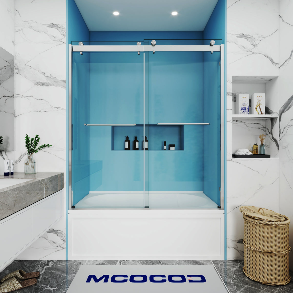 MCOCOD DS10 Bathtub Shower Doors - Double Sliding Semi Frameless Bathtub Shower Door in Brushed Nickel