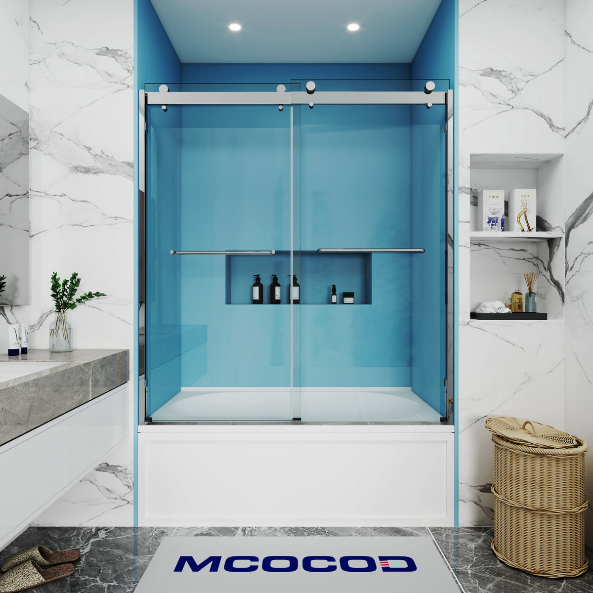 MCOCOD DS10 Bathtub Shower Doors - Double Sliding Semi Frameless Bathtub Shower Door in Chrome