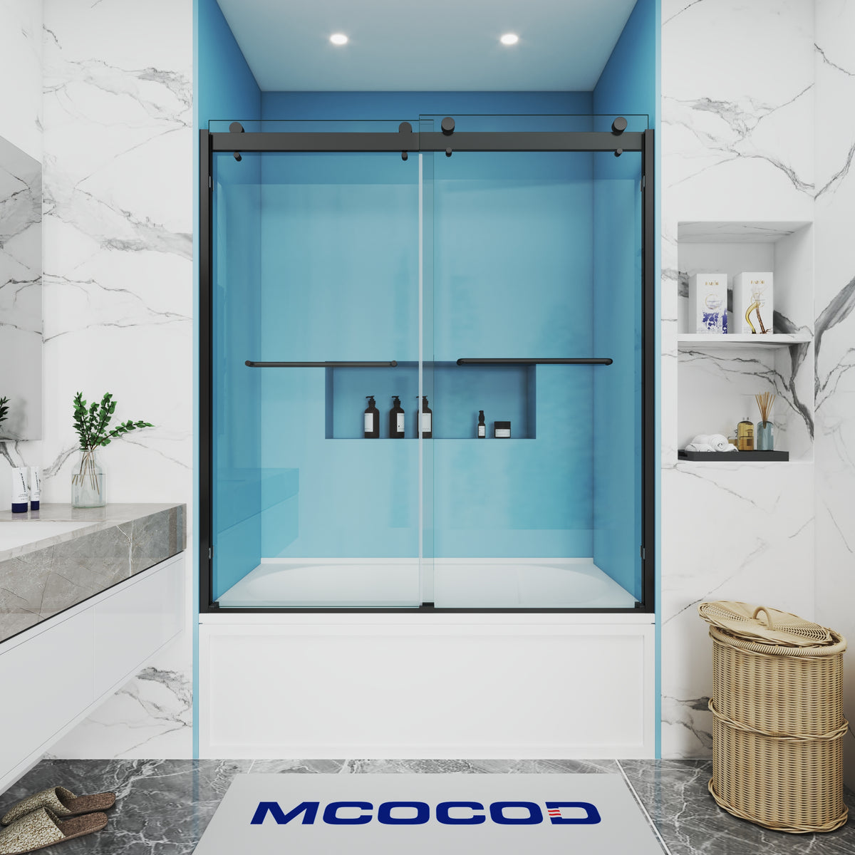 MCOCOD DS10 Bathtub Shower Doors - Double Sliding Semi Frameless Bathtub Shower Door in Matte Black