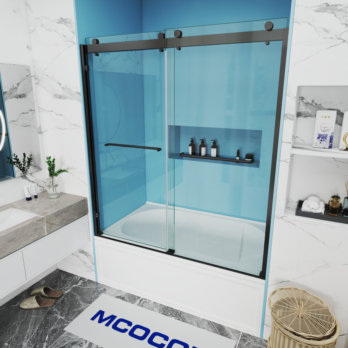 MCOCOD DS10 Bathtub Shower Doors - Double Sliding Semi Frameless Bathtub Shower Door with Stainless Steel 2 Towel Bars in Matte Black