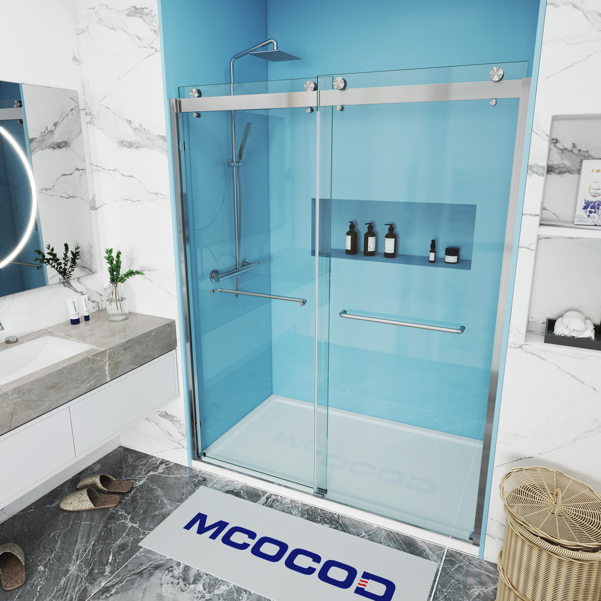MCOCOD DS10 Double Sliding Semi-frameless Shower Door with Brushed Nickel