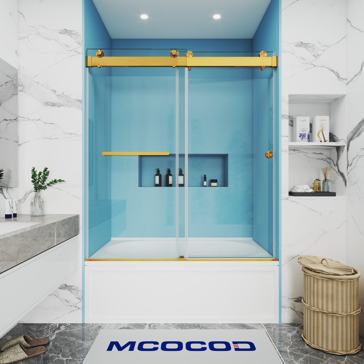 MCOCOD DS13H Bathtub Shower Door - Soft-Closing Double Sliding Bathtub Shower Door with One Finger Pull in Brushed Gold