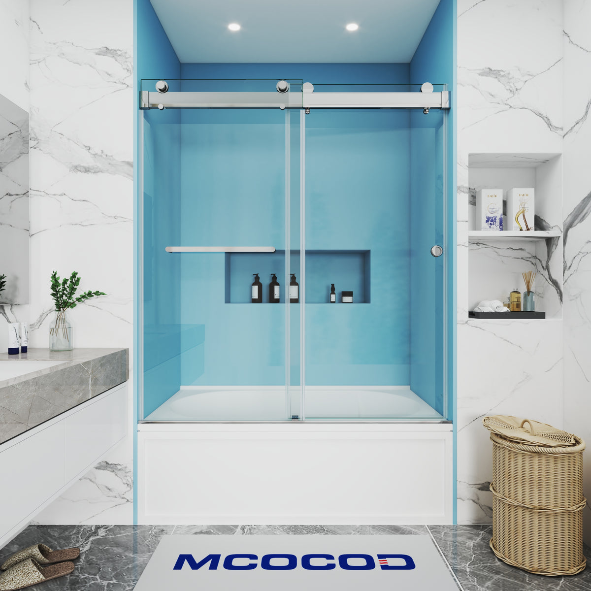 MCOCOD DS13H Bathtub Shower Door - Soft-Closing Double Sliding Bathtub Shower Door with One Finger Pull in Chrome