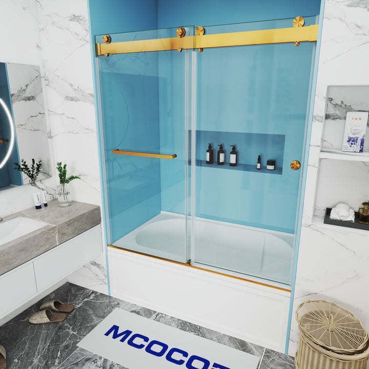 MCOCOD DS13H Bathtub Shower Doors - Soft-Closing Double Sliding Bathtub Shower Door with One Finger Pull with Brushed Gold