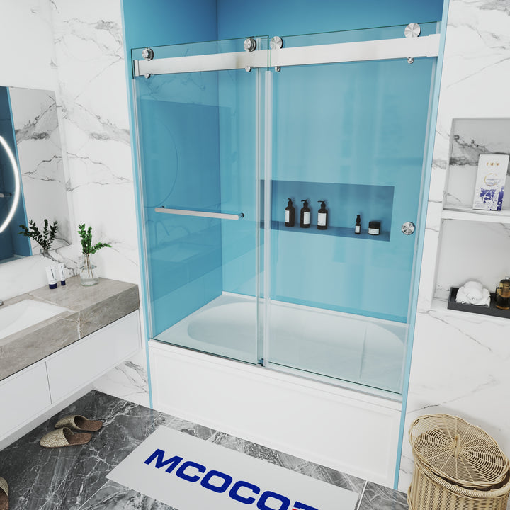 MCOCOD DS13H Bathtub Shower Doors - Soft-Closing Double Sliding Bathtub Shower Door with One Finger Pull with Brushed Nickel