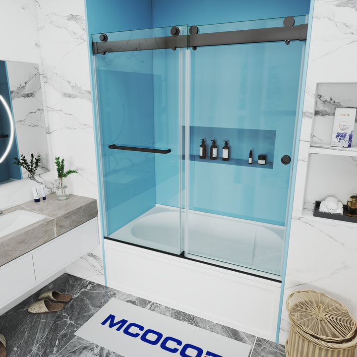 MCOCOD DS13H Bathtub Shower Doors - Soft-Closing Double Sliding Bathtub Shower Door with One Finger Pull with Matte Black