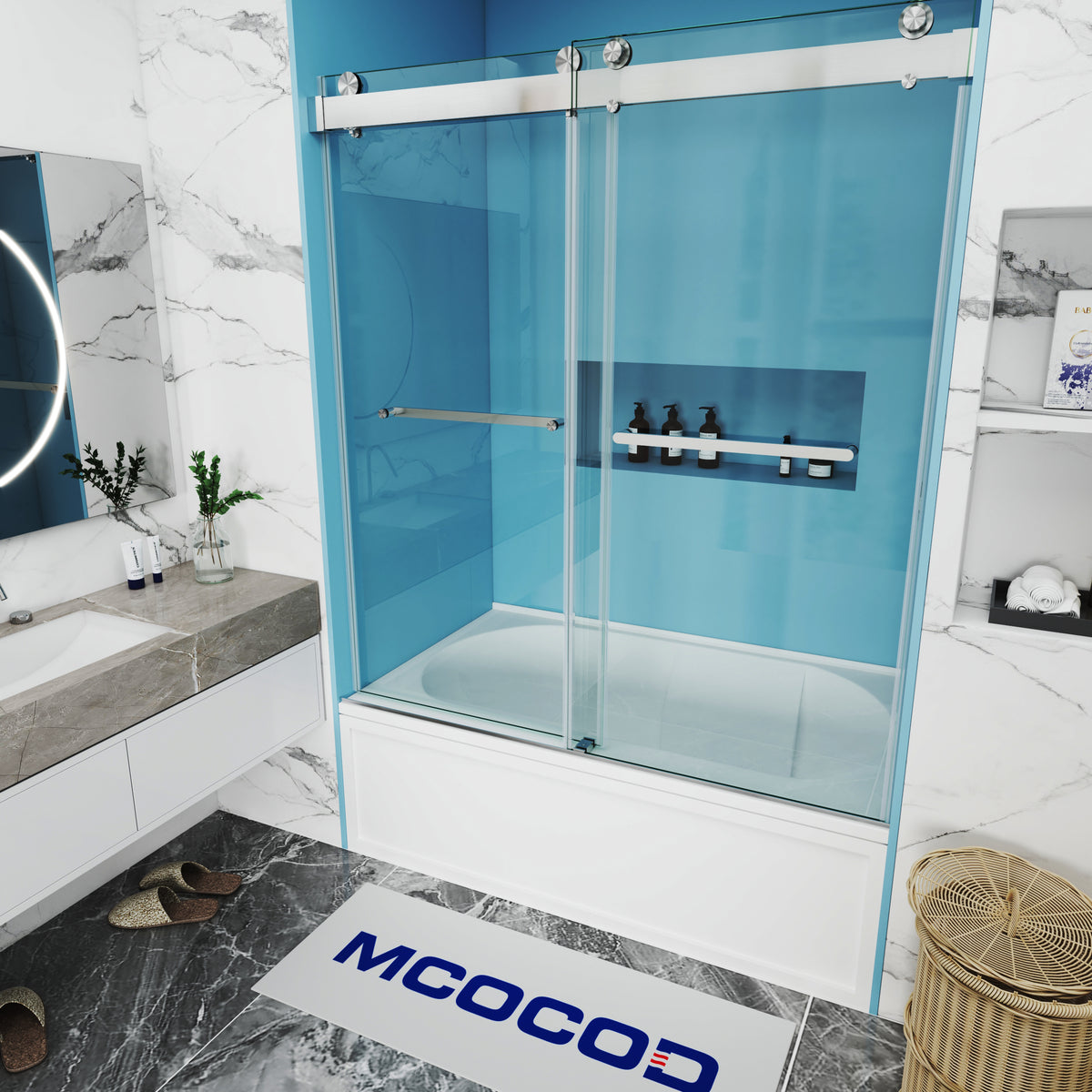 MCOCOD DS13 Bathtub Shower Doors - Soft-Closing Double Sliding Bathtub Doors in Two 304 Stainless Steel Towel Bars in Chrome