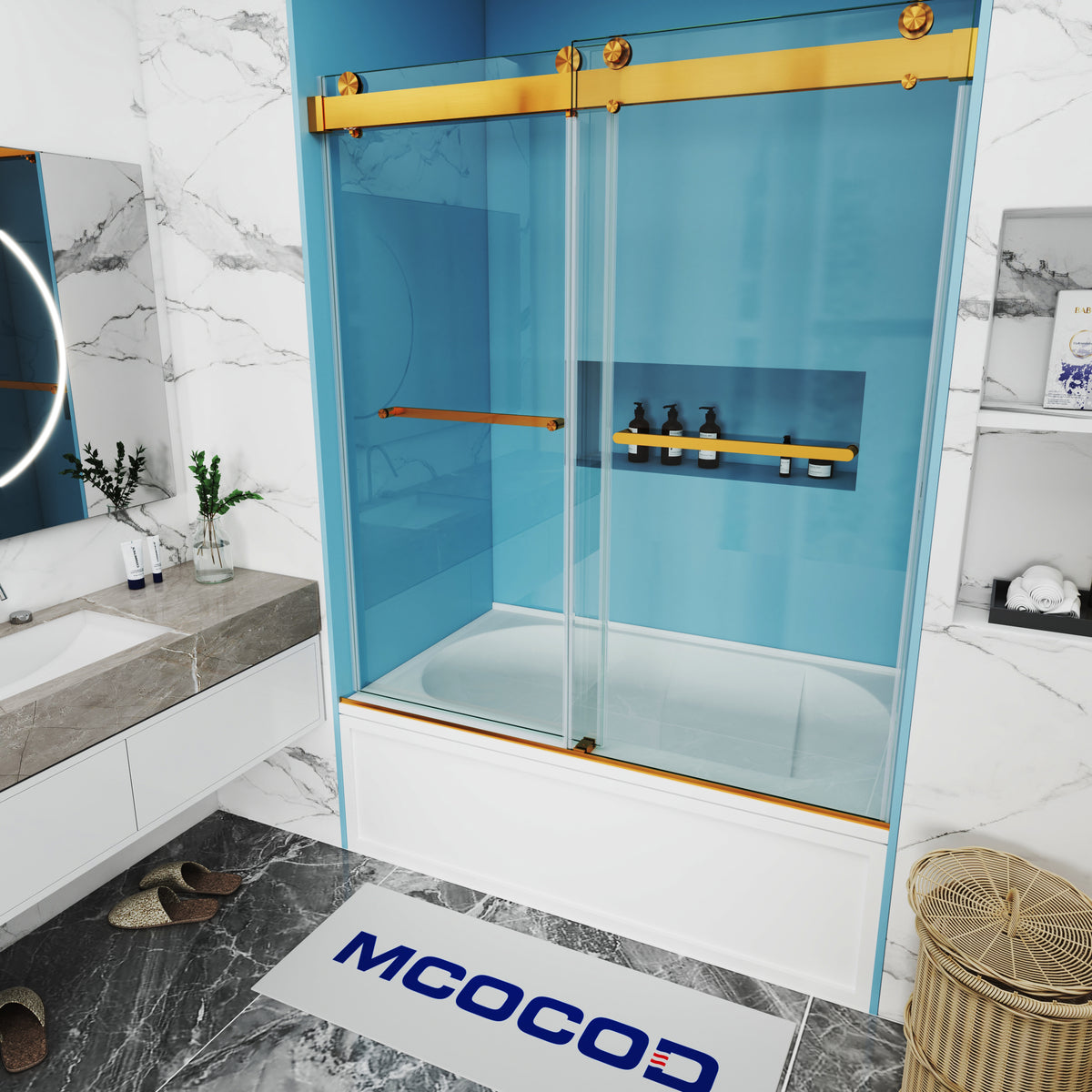 MCOCOD DS13 Bathtub Shower Doors - Soft-Closing Double Sliding Bathtub Doors with Two 304 Stainless Steel Towel Bars in Brushed Gold