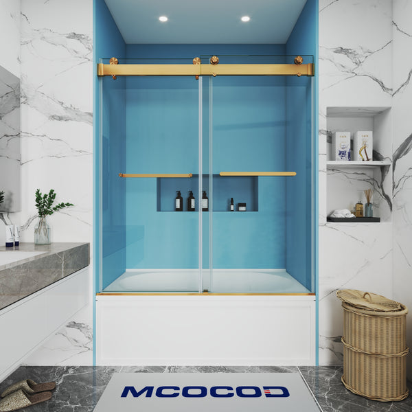 MCOCOD DS13 Bathtub Shower Doors - Soft-Closing Double Sliding Bathtub Doors with Two Towel Bars in Brushed Gold