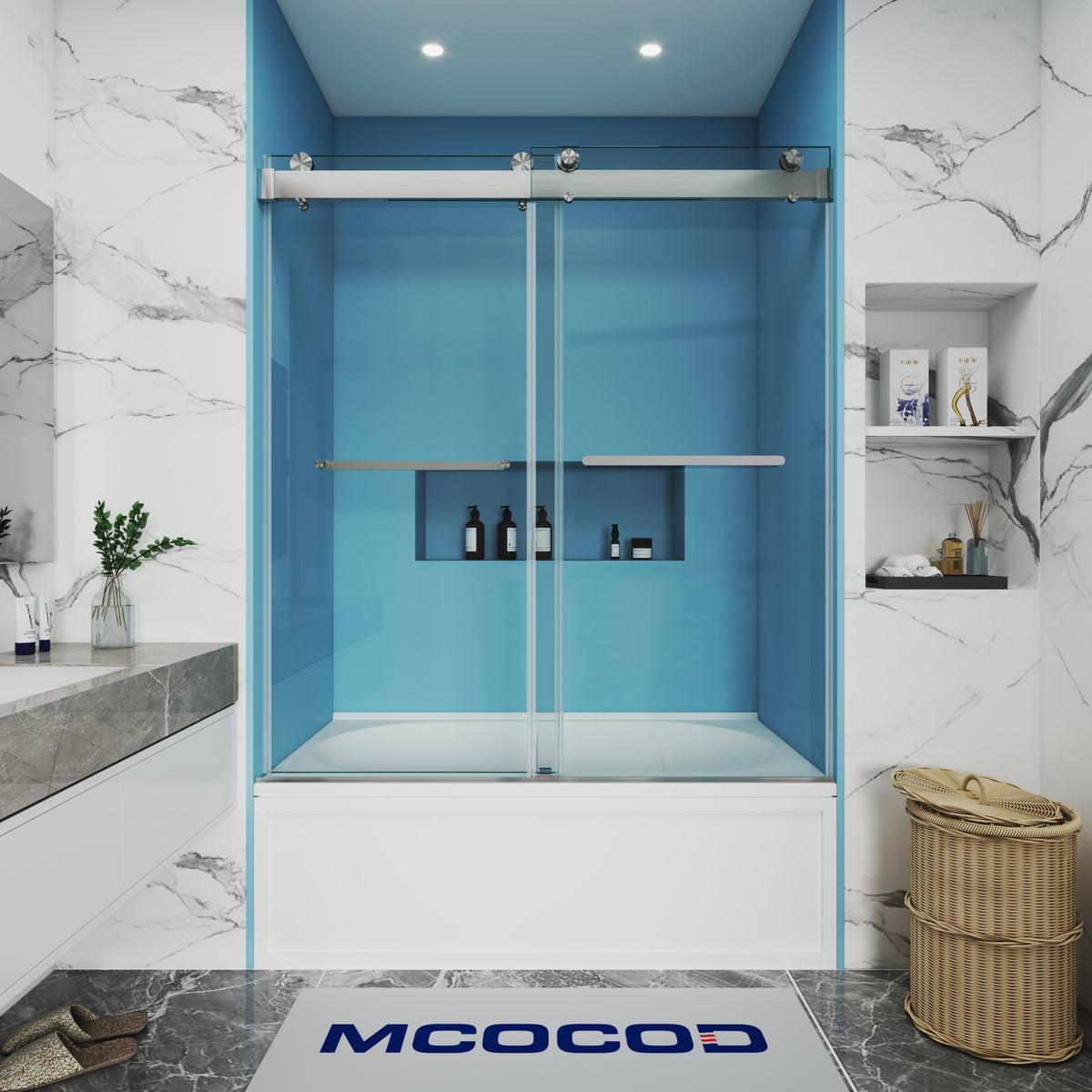 MCOCOD DS13 Bathtub Shower Doors - Soft-Closing Double Sliding Bathtub Doors with Two Towel Bars in Brushed Nickel