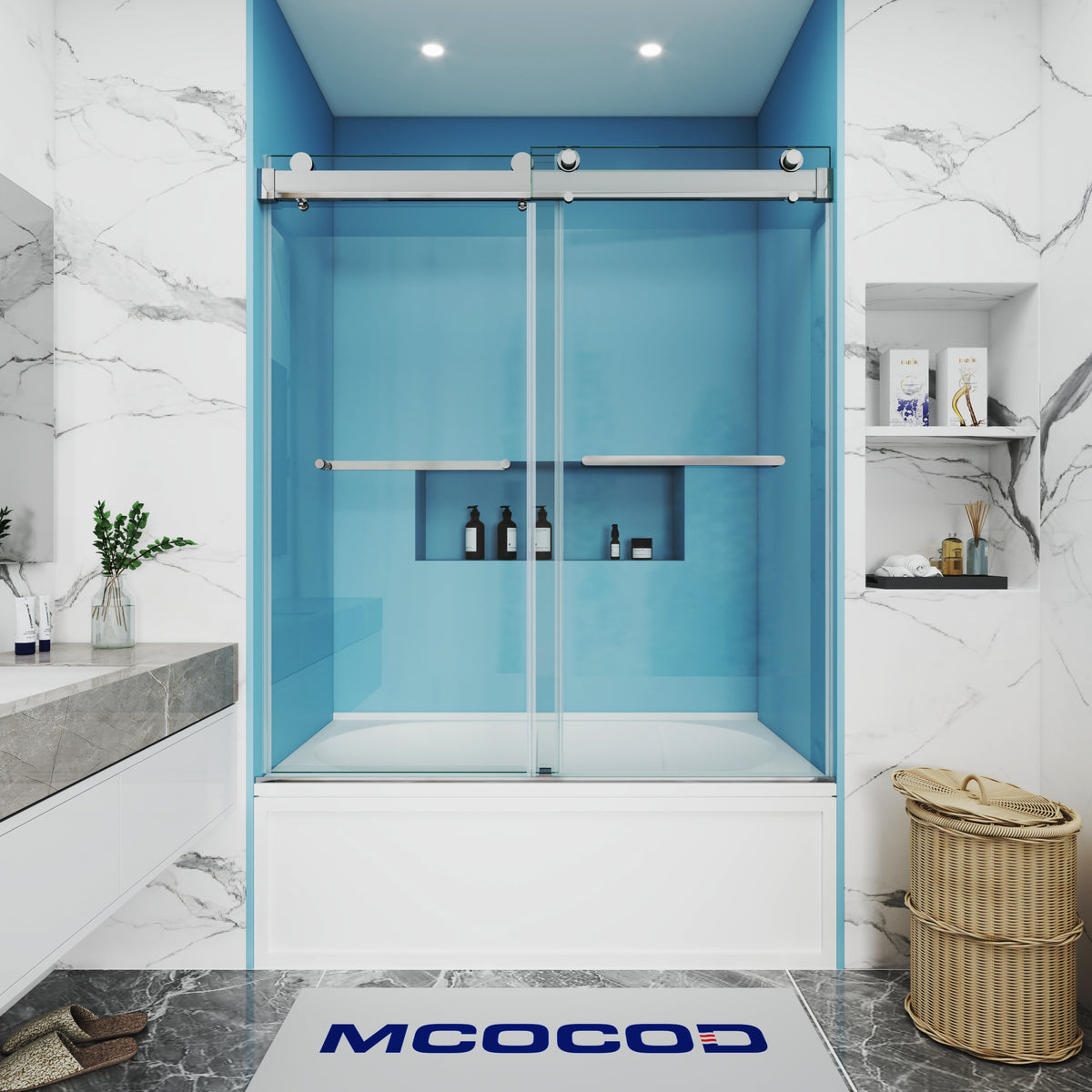 MCOCOD DS13 Bathtub Shower Doors - Soft-Closing Double Sliding Bathtub Doors with Two Towel Bars in Chrome