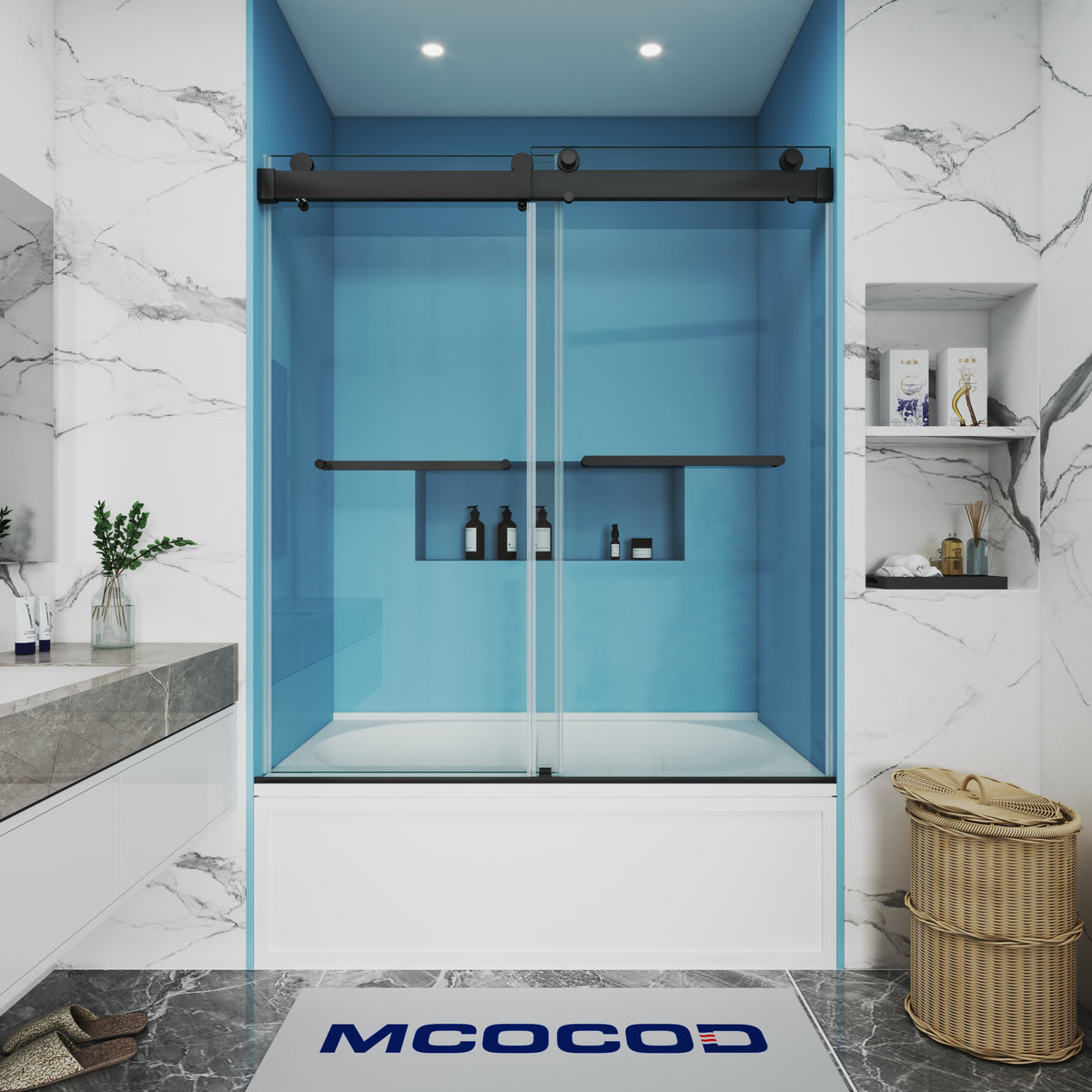MCOCOD DS13 Bathtub Shower Doors - Soft-Closing Double Sliding Bathtub Doors with Two Towel Bars in Matte Black