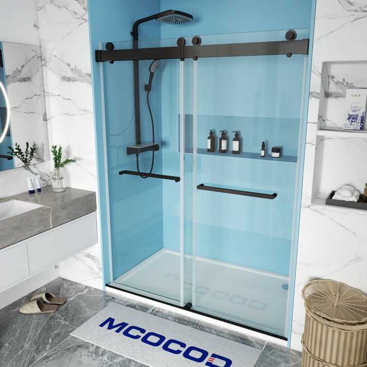 MCOCOD DS13 Soft-Closing Double Sliding Frameless Glass Shower Door in Two Towel Bars with Matte Black