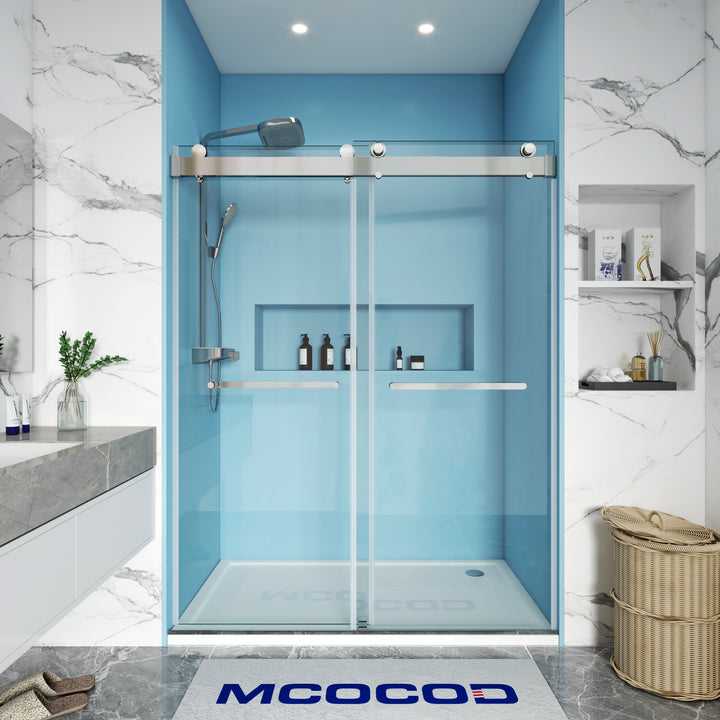 MCOCOD DS13 Soft-Closing Double Sliding Frameless Glass Shower Door in Two Towel Bars with Chrome