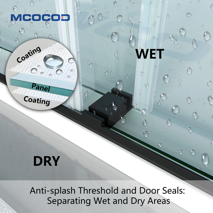 MCOCOD DS13 Soft-Closing Double Sliding Frameless Glass Shower Door with Anti-splash Threshold and Door Seal