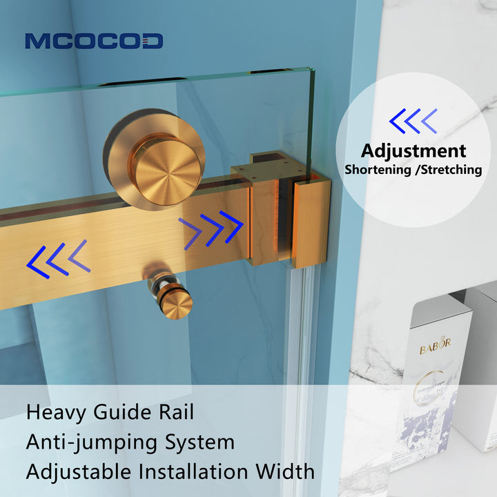 MCOCOD DS13 Soft-Closing Double Sliding Frameless Glass Shower Door with Brushed Gold Guide Rail Anti-jumping System