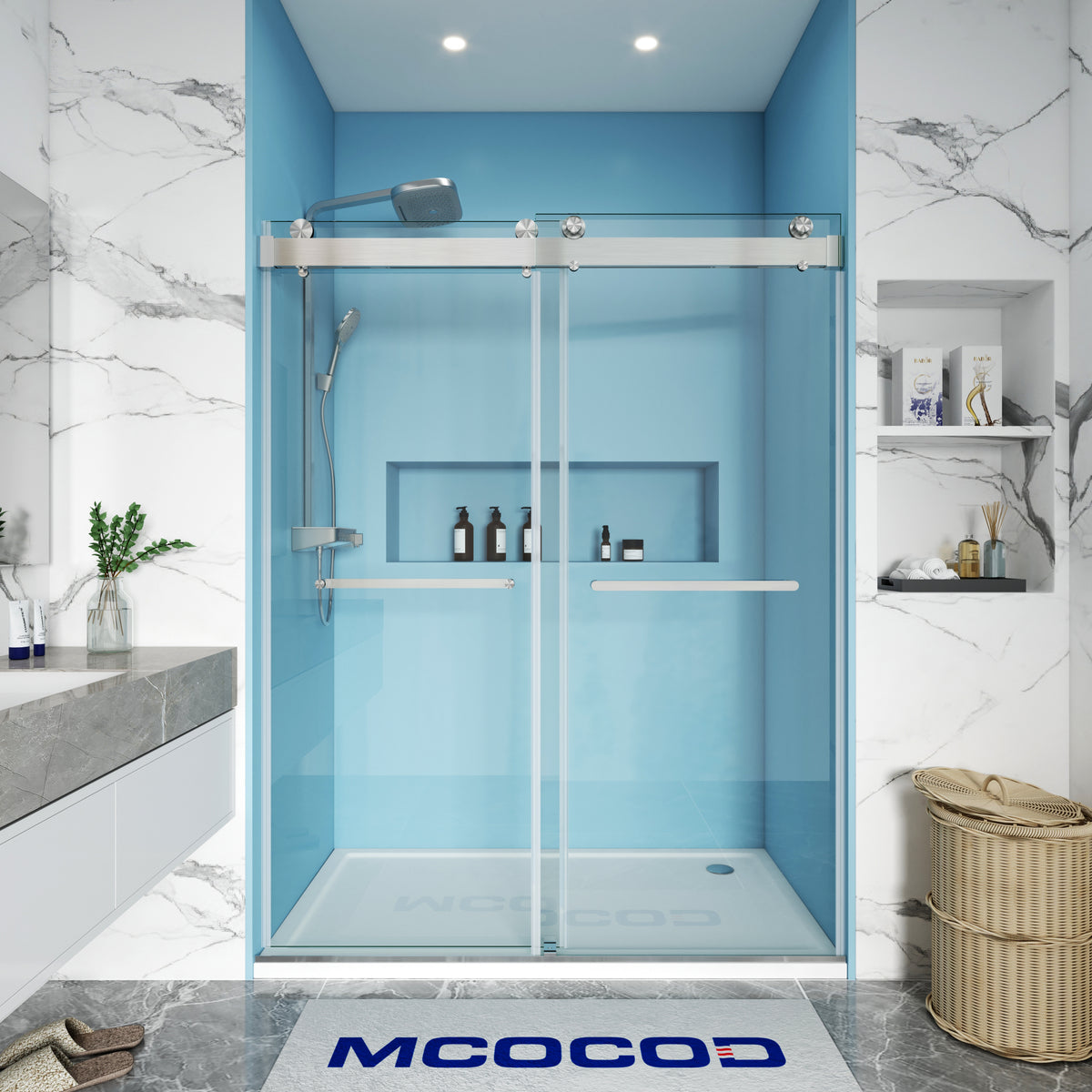 MCOCOD DS13 Soft-Closing Double Sliding Frameless Glass Shower Door in Two Towel Bars with Brushed Nickel