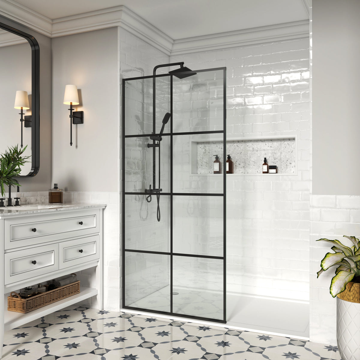 MCOCOD French Fixed Screen Shower Door in Matte Black with Grid Glass W01C