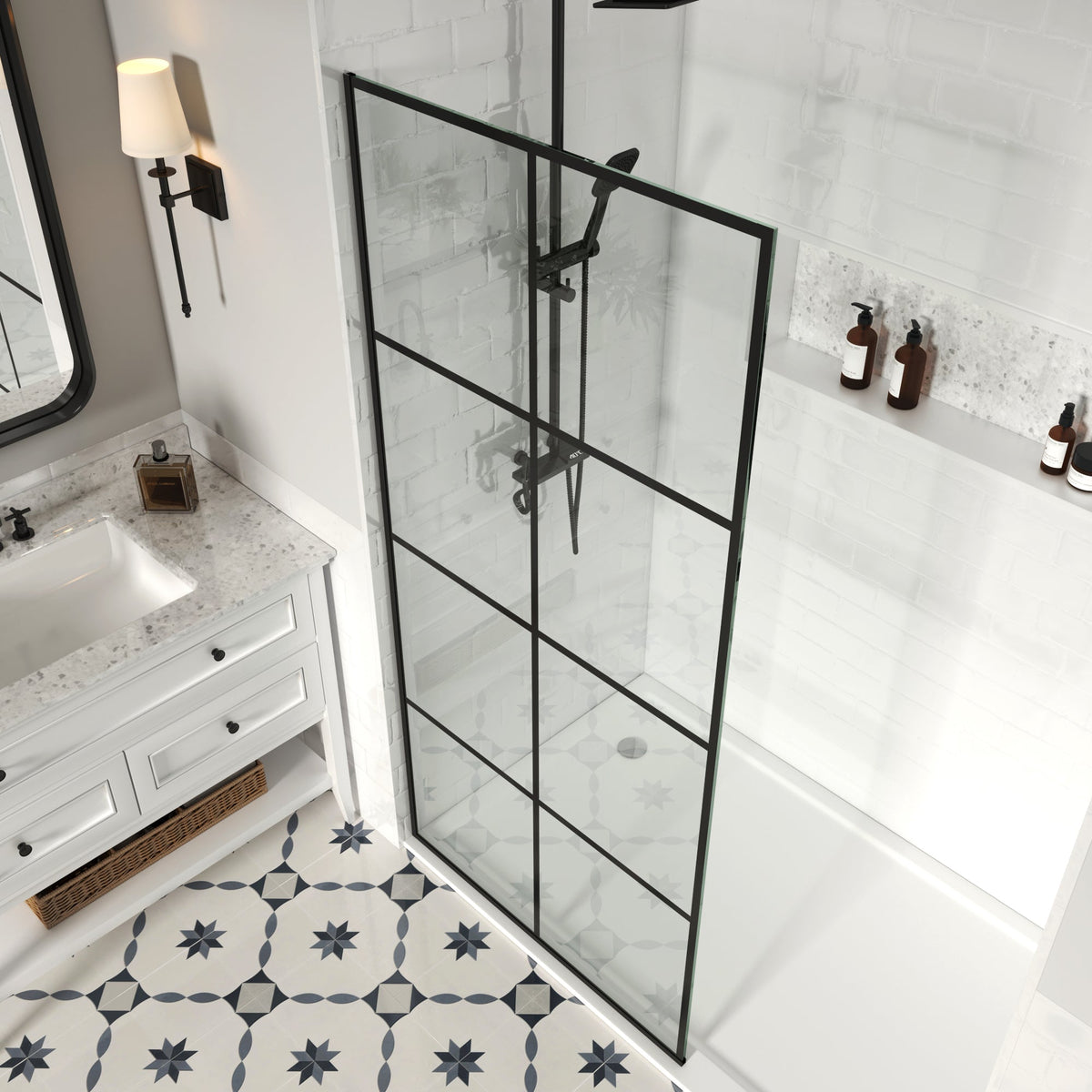 MCOCOD French Fixed Screen Shower Doors with Grid Glass W01C Matte Black
