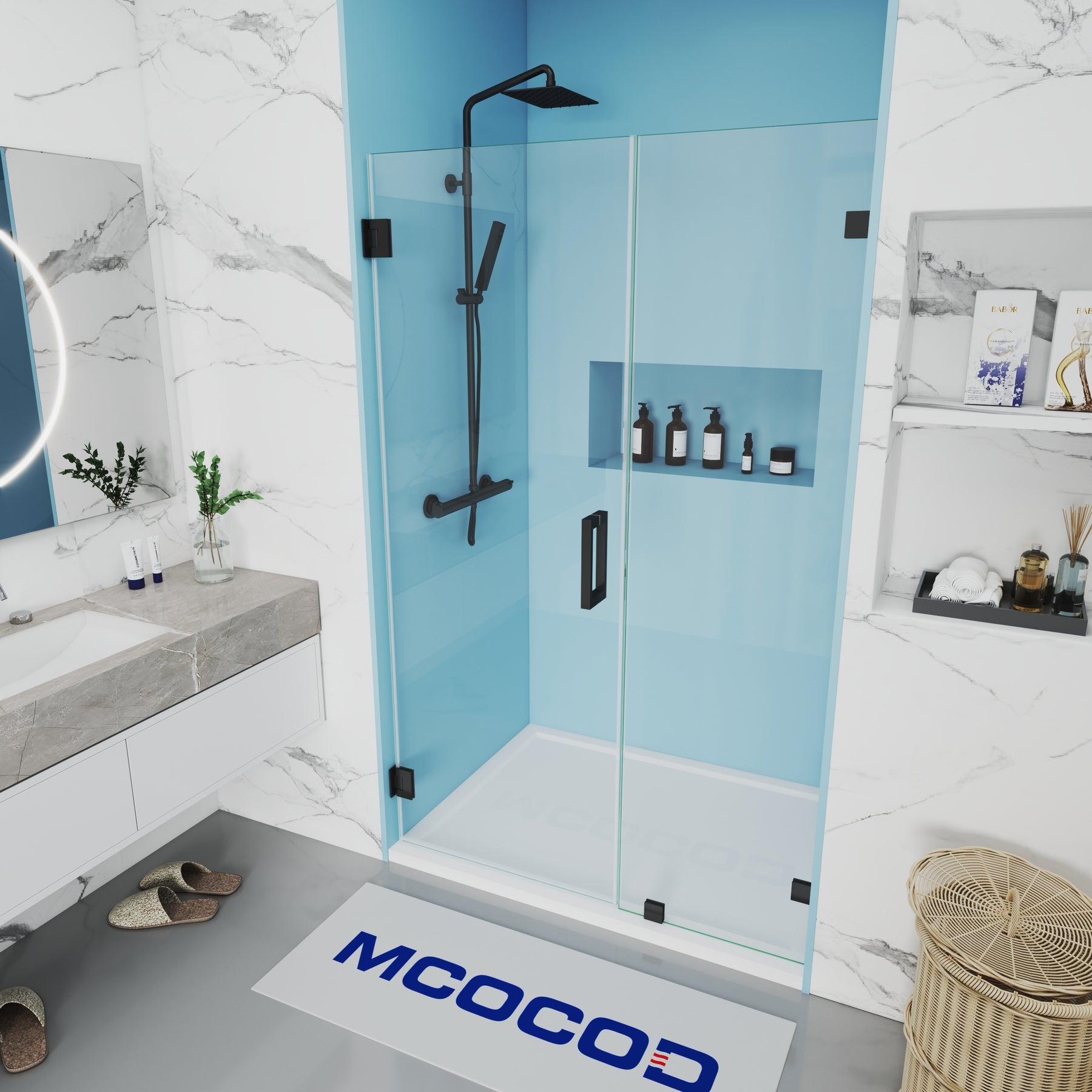 MCOCOD H06-02 Frameless Swing Shower Door in Matte Black | Custom Any Sizes
