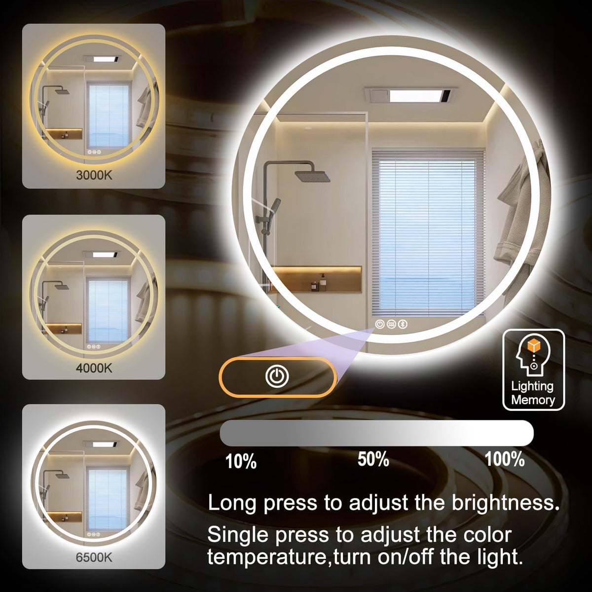 MCOCOD LED Bathroom Mirror - 32" Round LED Bathroom Mirror with Lights, 3 Colors Dimmable 3000K/4000K/6500K