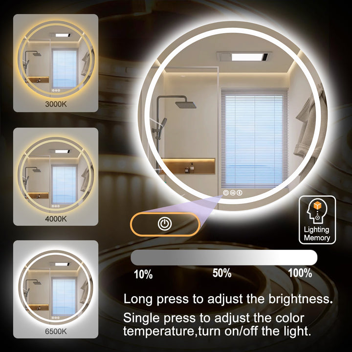 MCOCOD LED Bathroom Mirror - 32" Round LED Bathroom Mirror with Lights, 3 Colors Dimmable 3000K/4000K/6500K