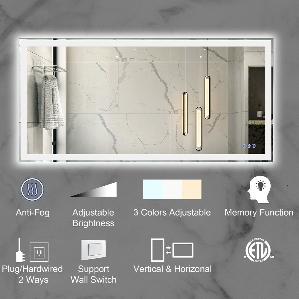 MCOCOD LED Bathroom Mirror - Framed Gradient Front and Backlit LED Mirror with Enhanced Anti-Fog, 3 Colors Dimmable