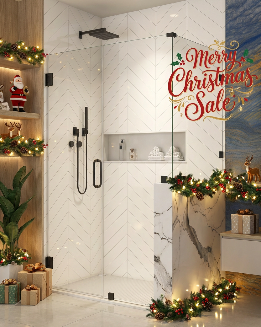 Bathroom with Christmas decorations and a 'Merry Christmas Sale' sign.