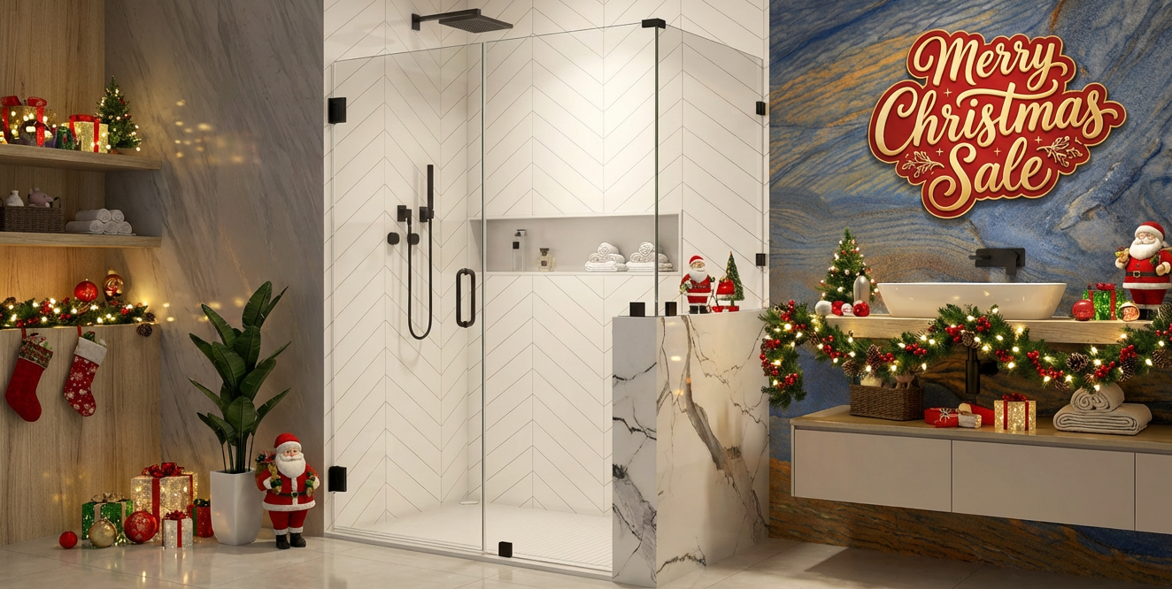 Bathroom with Christmas decorations and a 'Merry Christmas Sale' sign.