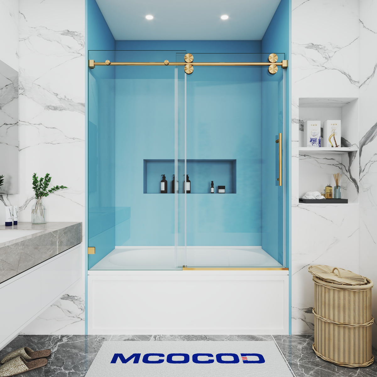 MCOCOD SS04 Bathtub Shower Doors - Single Sliding Frameless Bathtub Shower Door with Round Guide Rail in Brushed Gold