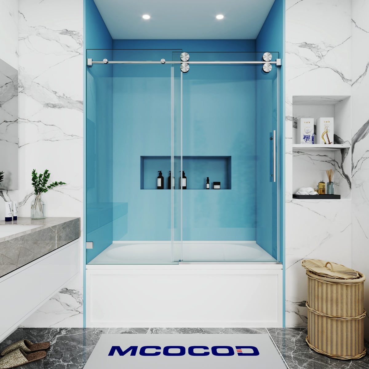 MCOCOD SS04 Bathtub Shower Doors - Single Sliding Frameless Bathtub Shower Door with Round Guide Rail in Brushed Nickel