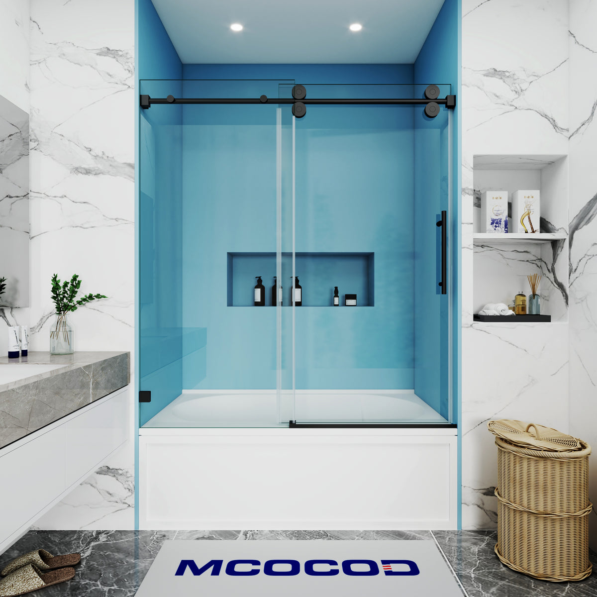 MCOCOD SS04 Bathtub Shower Doors - Single Sliding Frameless Bathtub Shower Door with Round Guide Rail in Matte Black