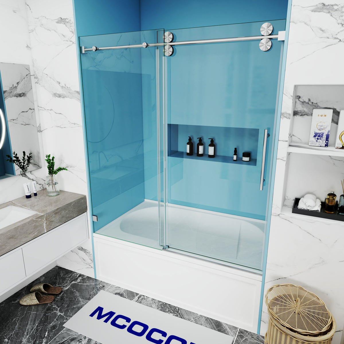 MCOCOD SS04 Bathtub Shower Doors - Single Sliding Frameless Bathtub Shower Door with Round Guide Rail with 304 Stainless Steel Handle Bar in Brushed Gold
