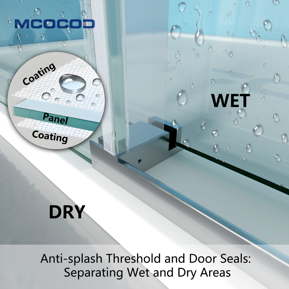 MCOCOD SS04 Single Sliding Frameless Shower Door with Anti-splash Threshold and Door Seals